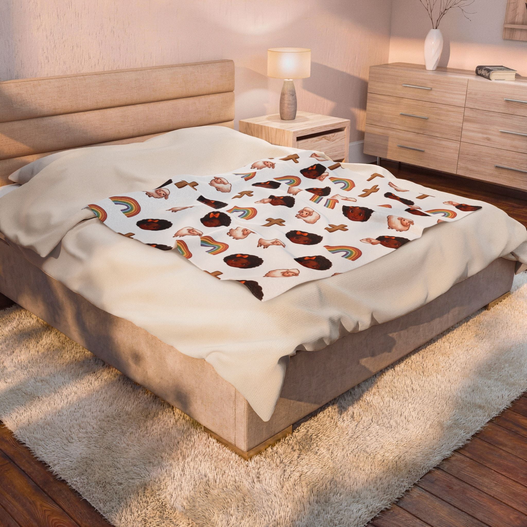 Plush Baby Blanket — Faith & Rainbow Nursery Design (Lamb, Cross, Cute Black Baby Faces)