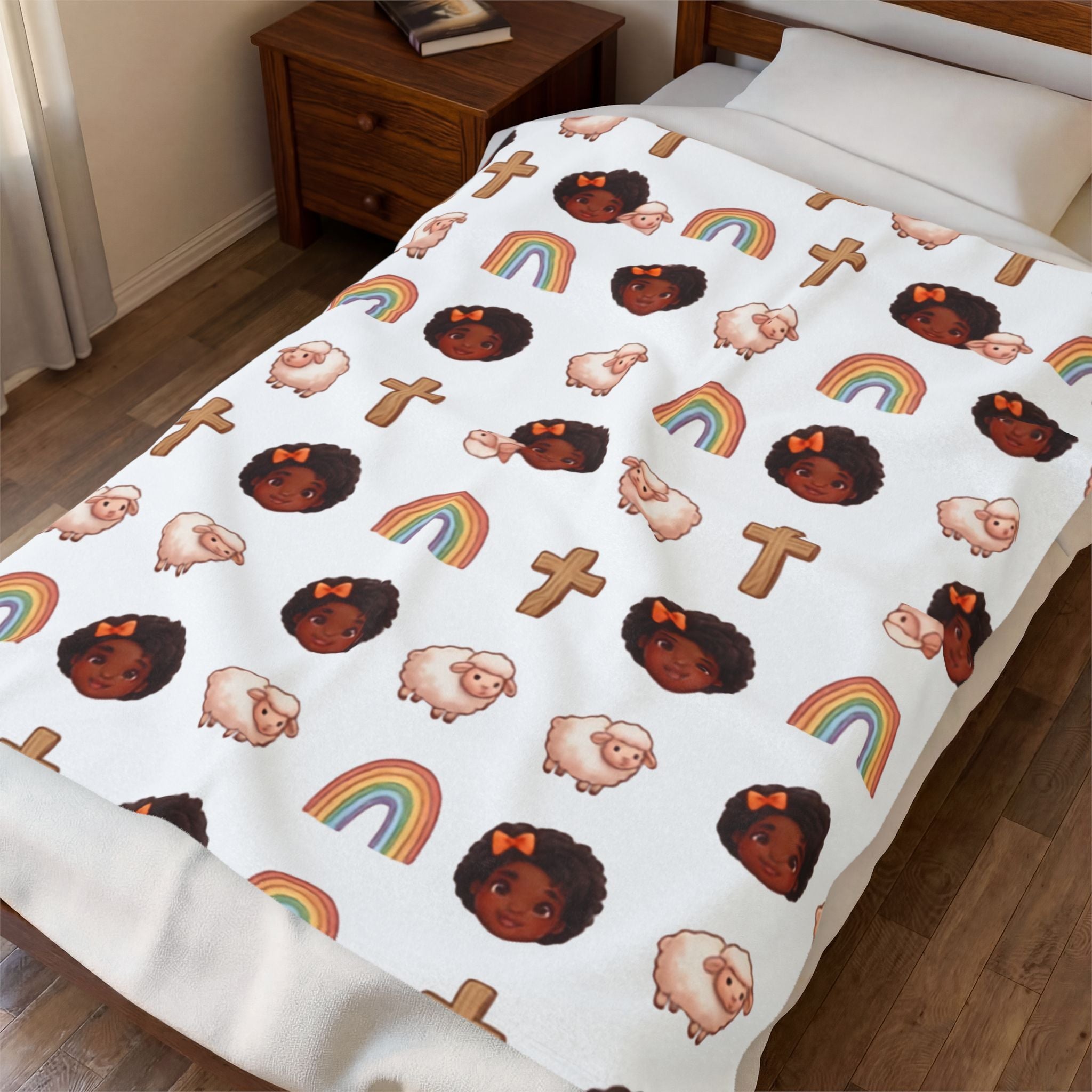 Plush Baby Blanket — Faith & Rainbow Nursery Design (Lamb, Cross, Cute Black Baby Faces)